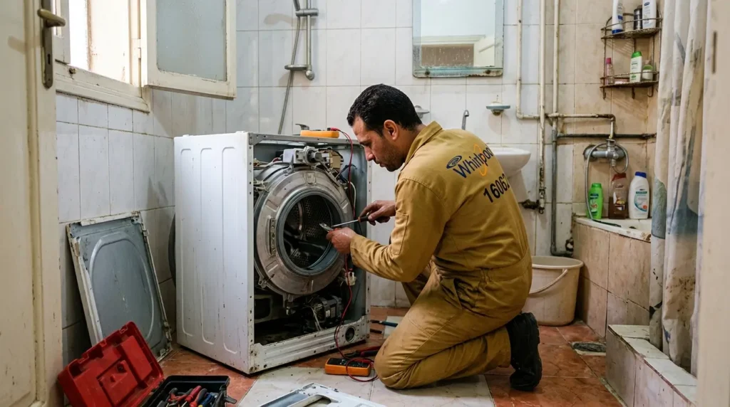 غسالة ويرلبول الملابس تخرج عليها بقايا مسحوق
